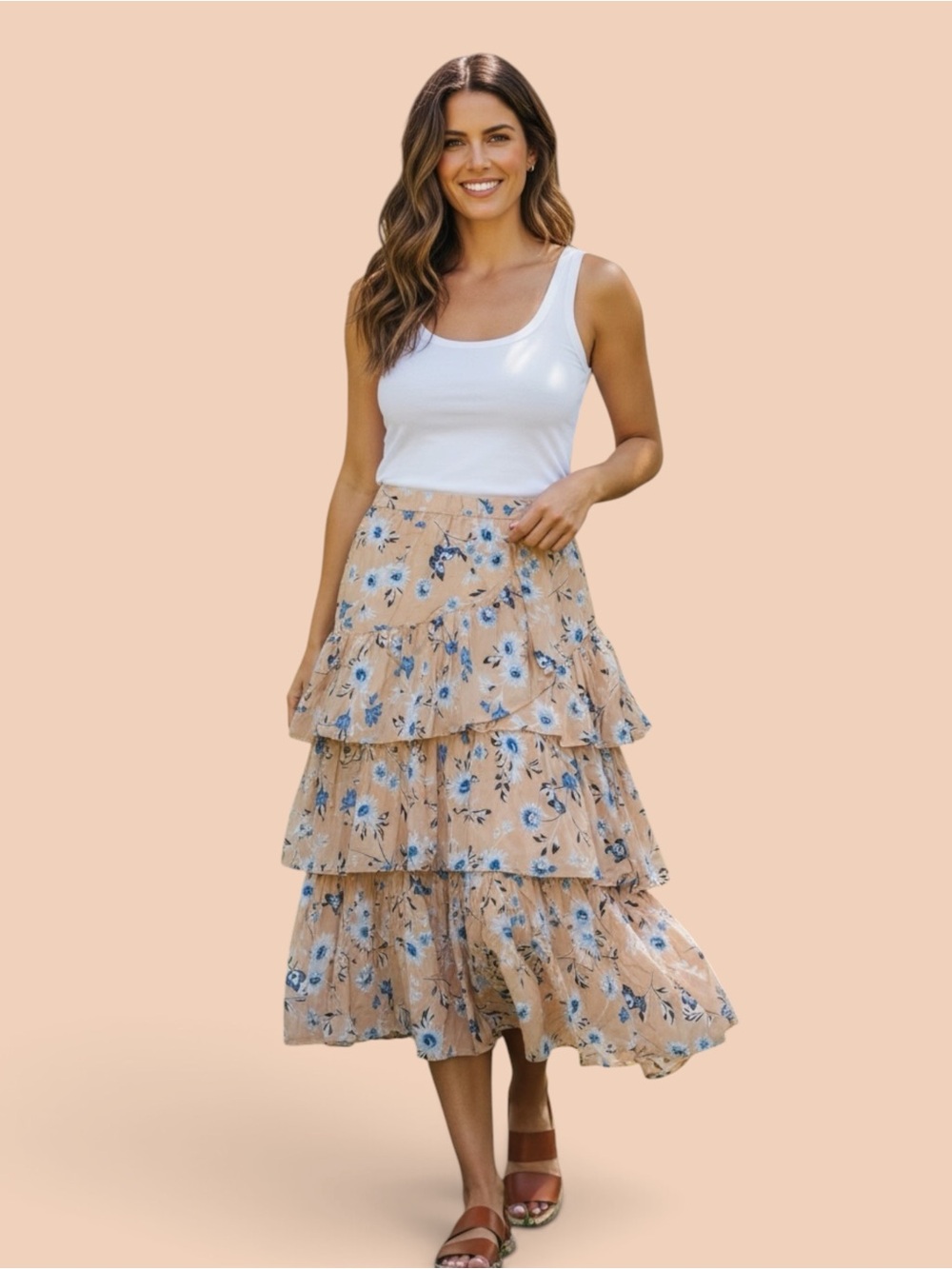 Ann Taylor Beige Floral Tiered Maxi Skirt with Blue Flowers